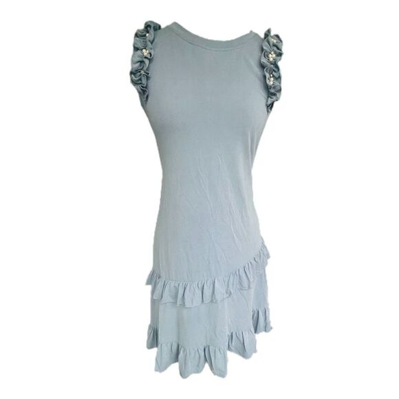 Violet Weekend Dusty Blue Rhinestone & Pearl Sleeve Ruffle Dress Size Small - Picture 3 of 9